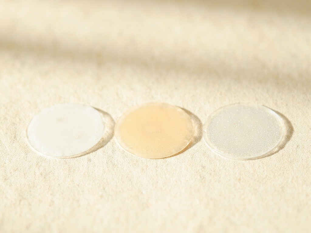 Three translucent round hydrocolloid pimple patches of different small sizes on a soft beige surface