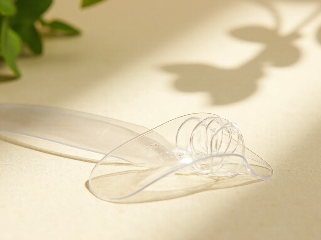 Unbranded transparent nasal strip with visible plastic spring on soft beige surface