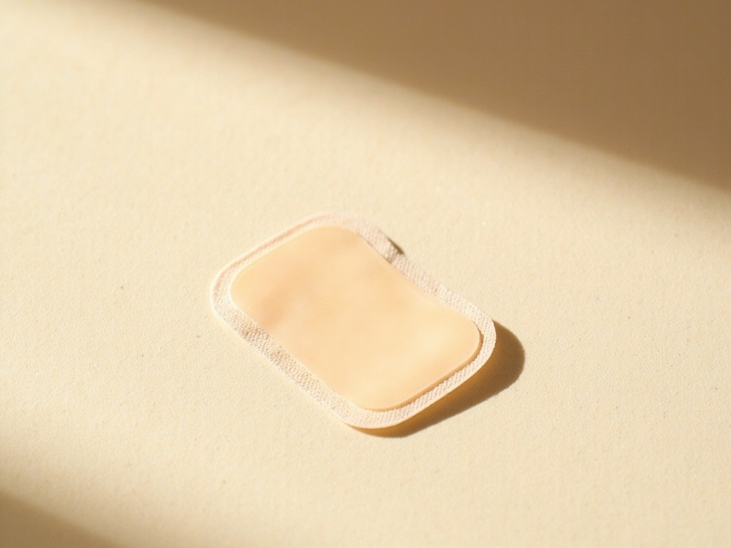 Unbranded beige oval analgesic pain relief patch lying flat on a soft beige cotton surface